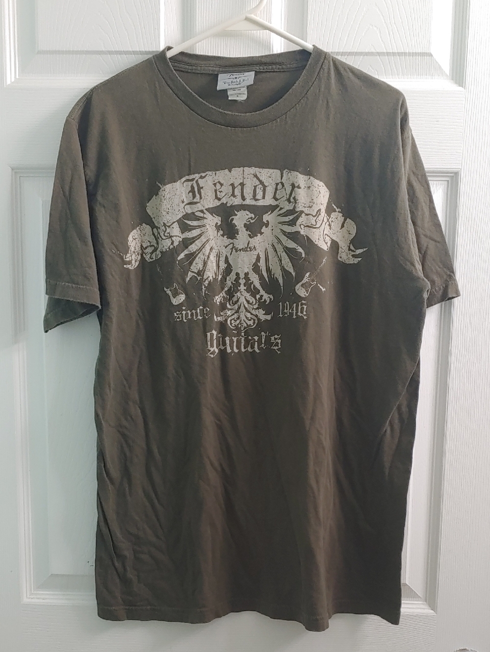 Vintage Y2K Fender T Shirt Olive Green Crest Guitars Unisex Size XL